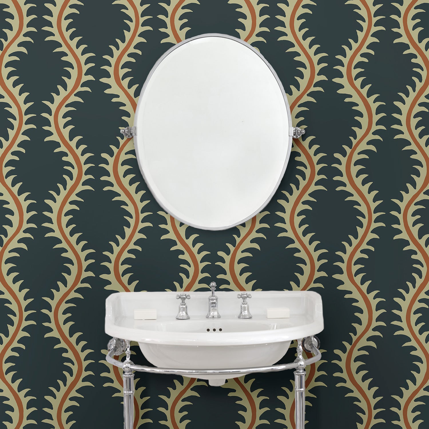 Luxurious wallpaper featuring stylised ferns and wavy lines in blue and orange.