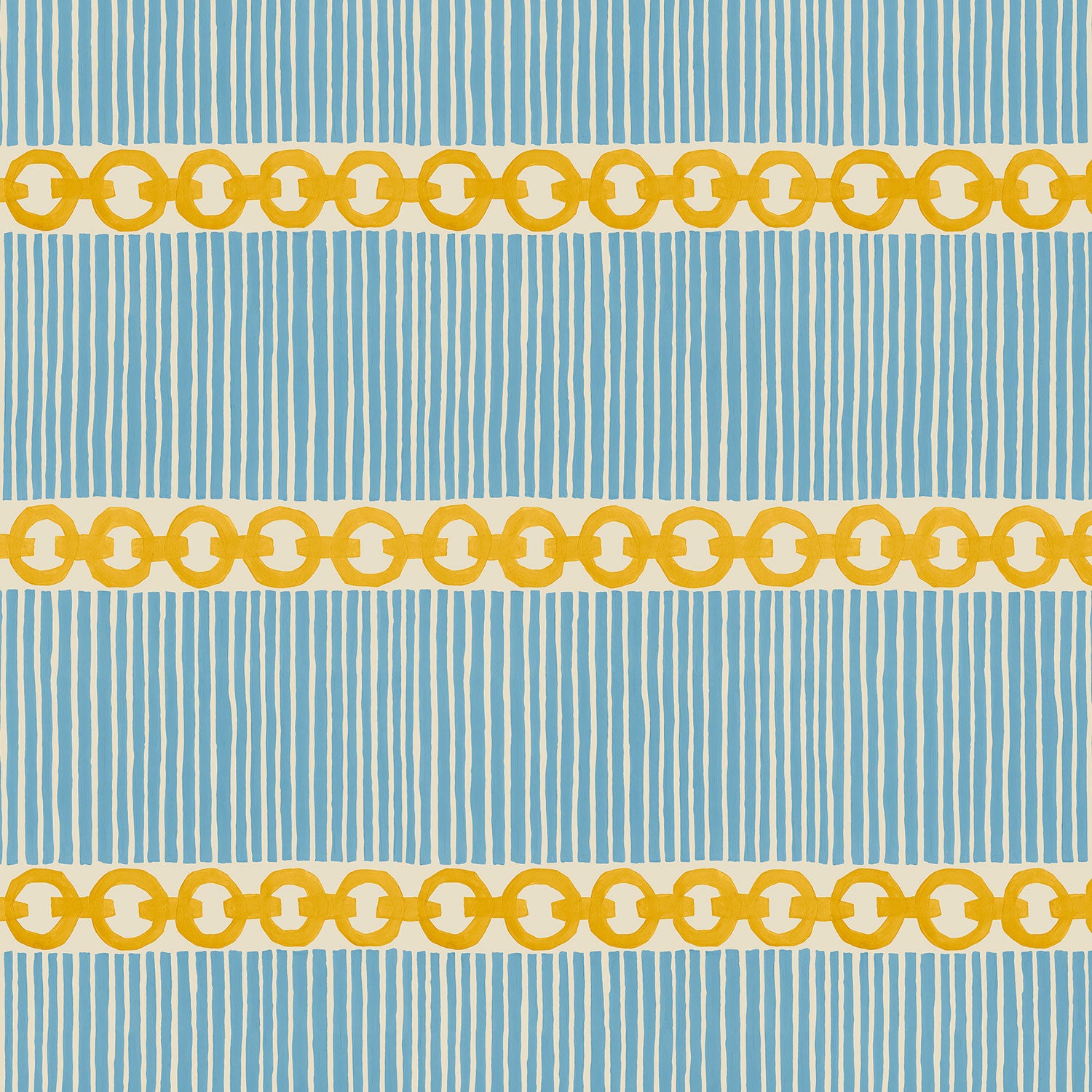 Sample of a chain-link wallpaper with different-sized blue and yellow stripes in complementary colours.