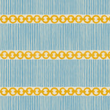 Sample of a chain-link wallpaper with different-sized blue and yellow stripes in complementary colours.