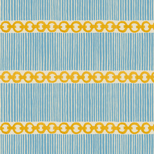 Sample of a chain-link wallpaper with different-sized blue and yellow stripes in complementary colours.