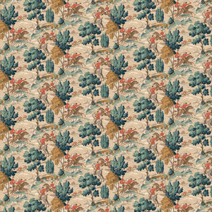 Sample of a designer wallpaper featuring the British hunt in blue and biscuit brown.