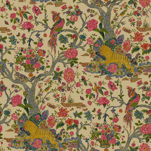 Sample of a printed velvet fabric depicts a menagerie of parrots, lions, and alluring flowers in cream