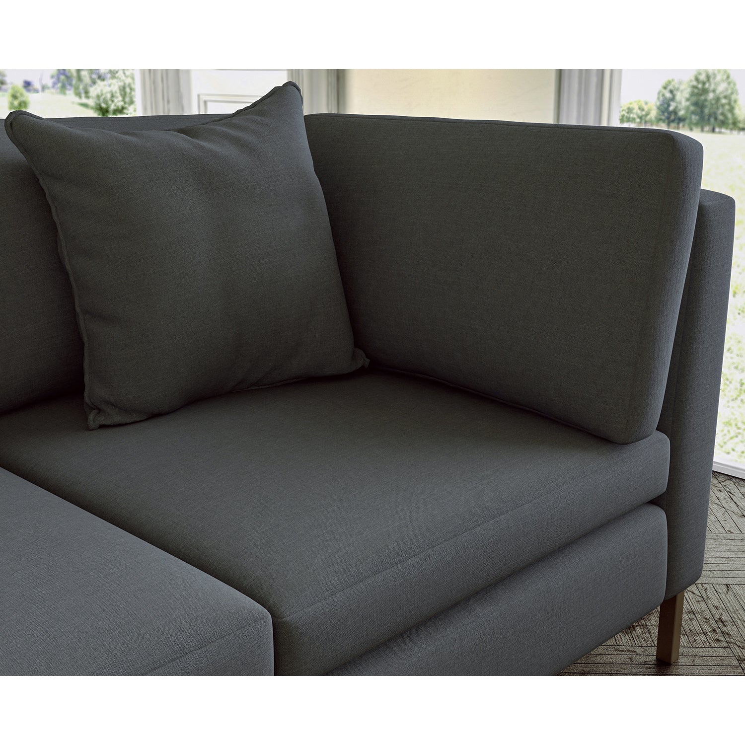 Sofa covered in plain fabric, colour Granite.