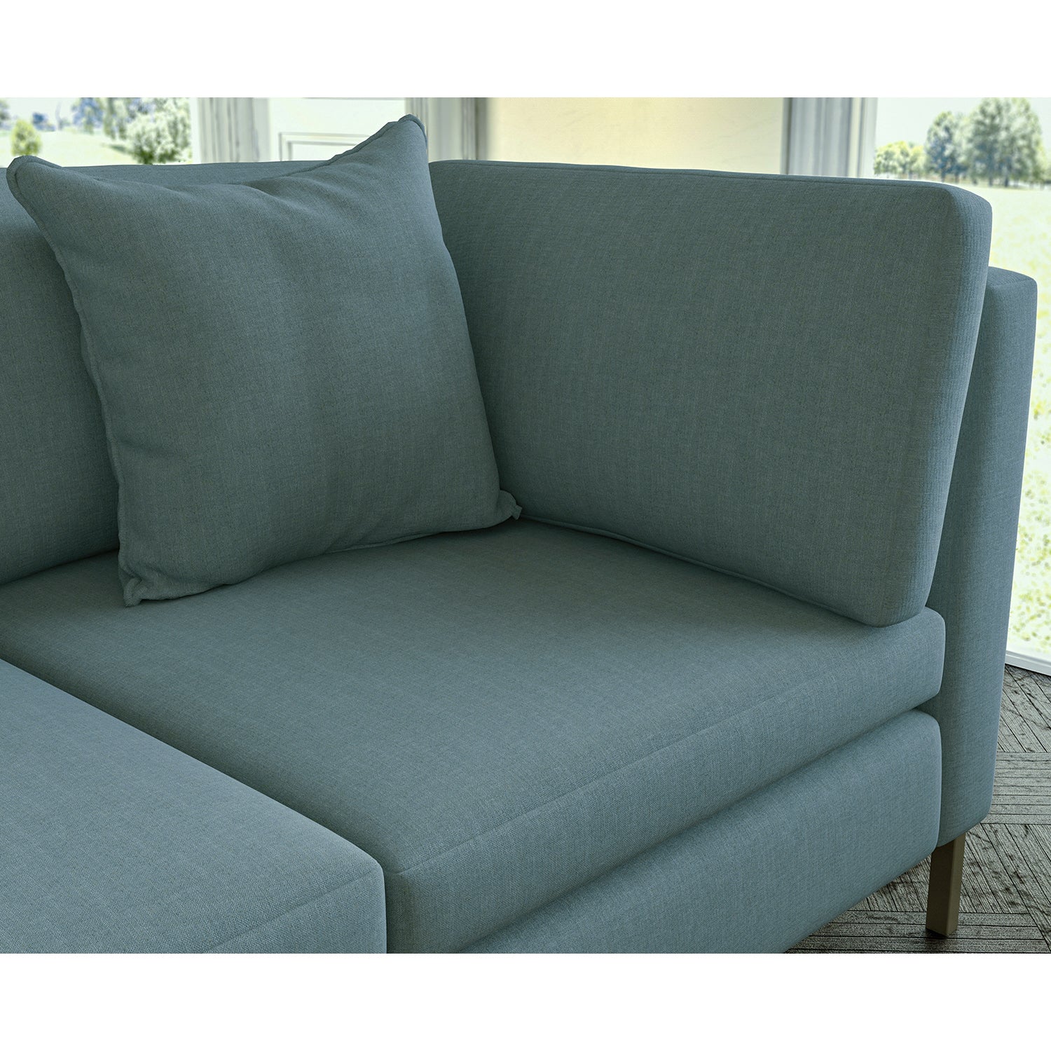 Sofa covered in plain fabric, colour Bluestone.