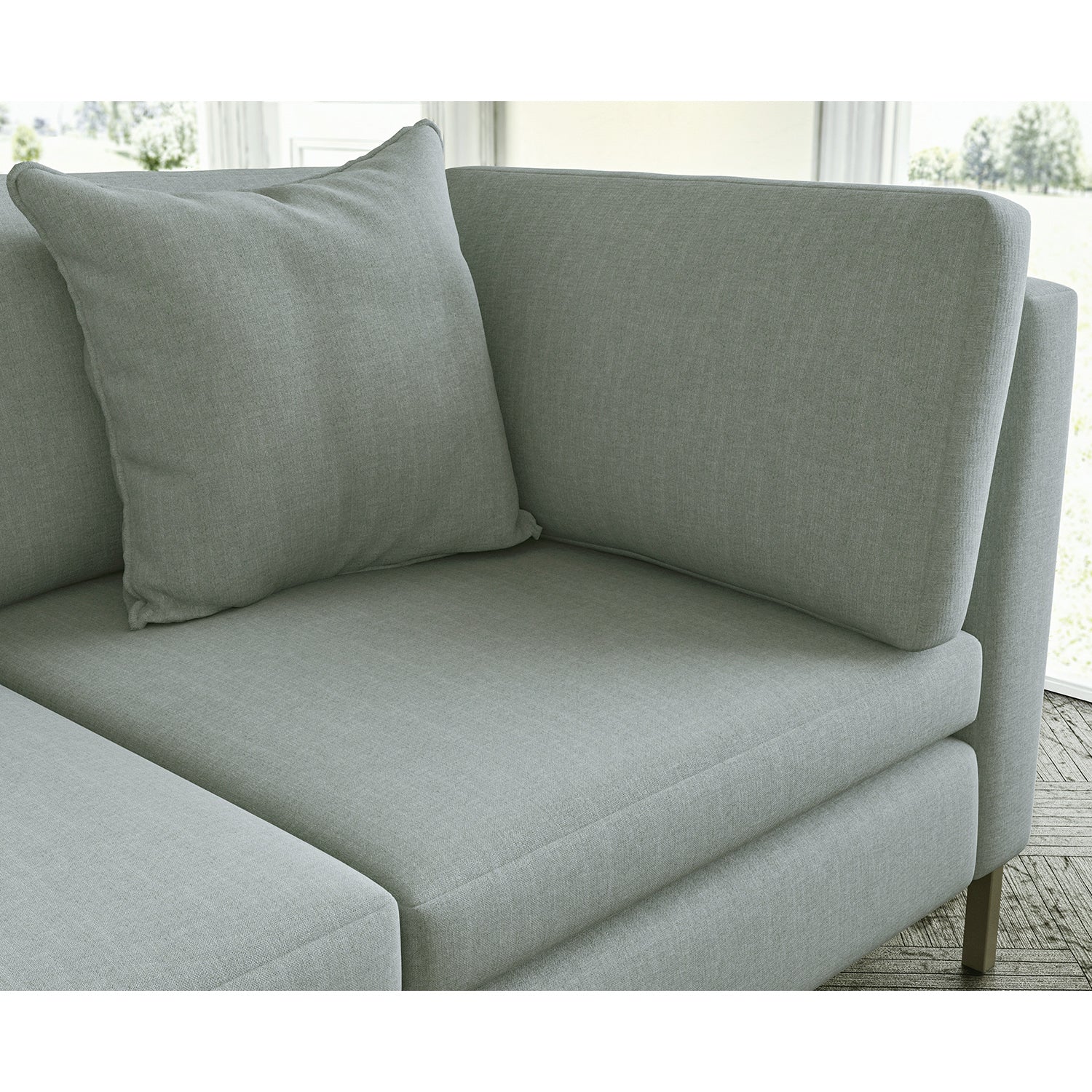 Sofa covered in plain fabric, colour Silver.