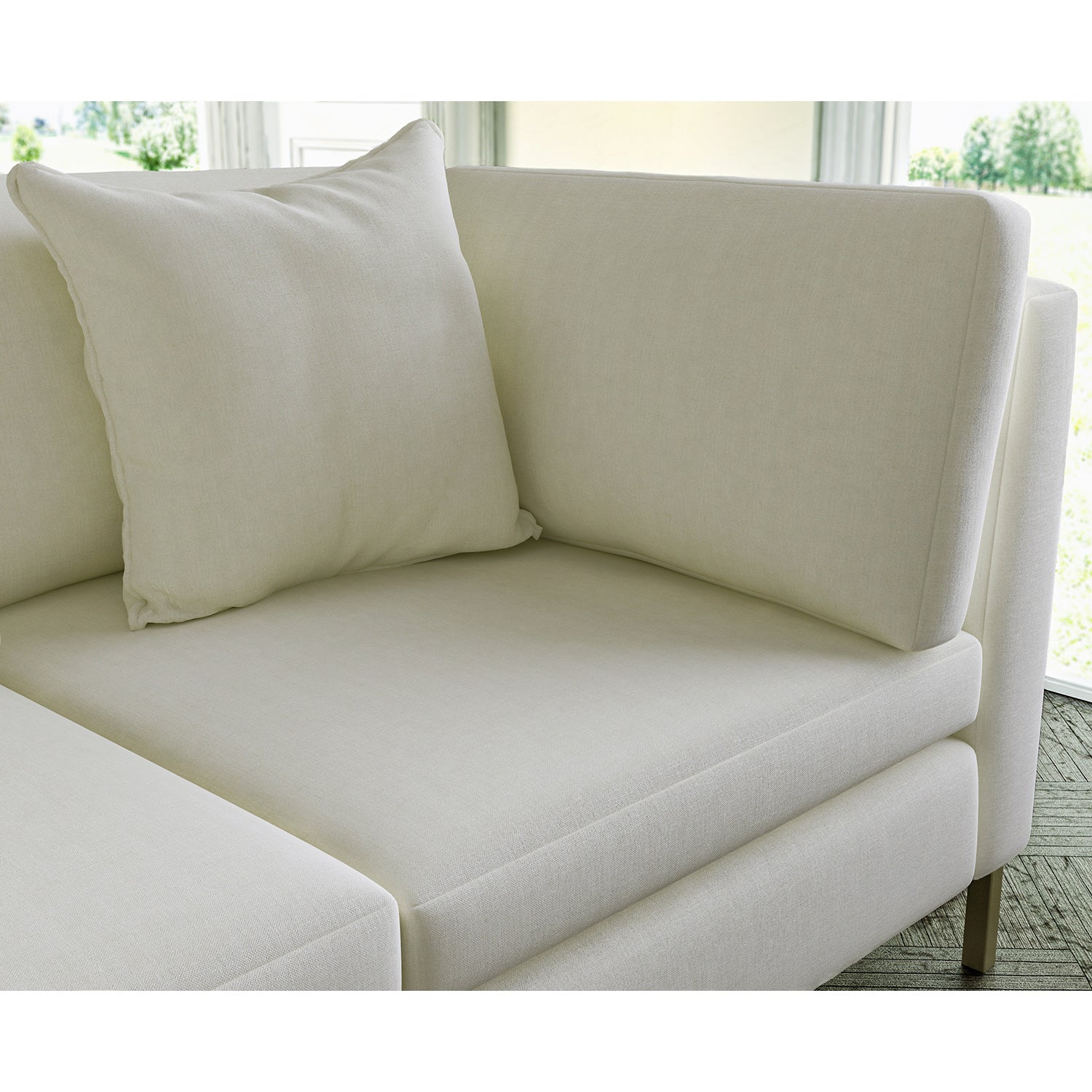 Sofa covered in plain fabric, colour Pearl.