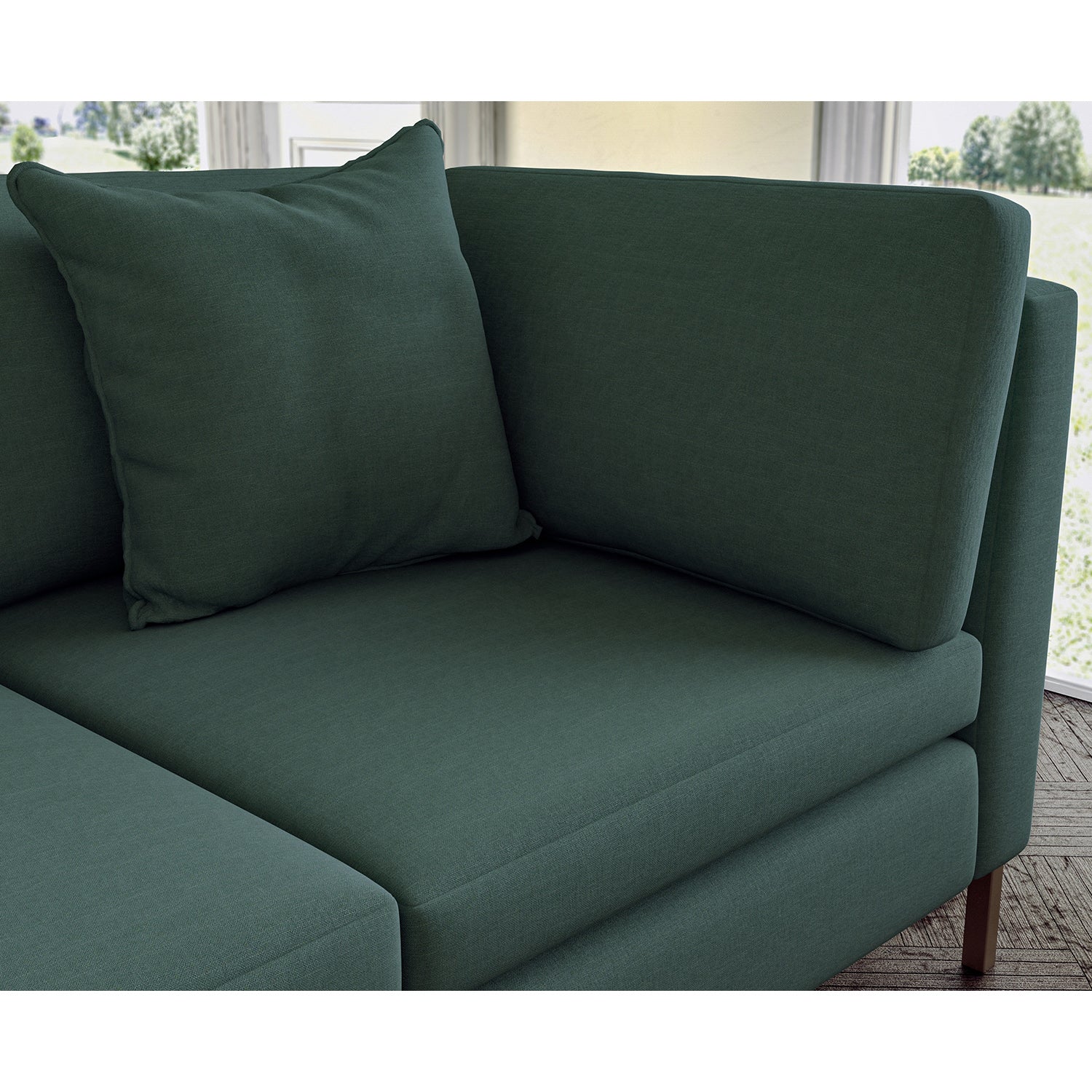 Sofa covered in plain fabric, colour Seaweed.