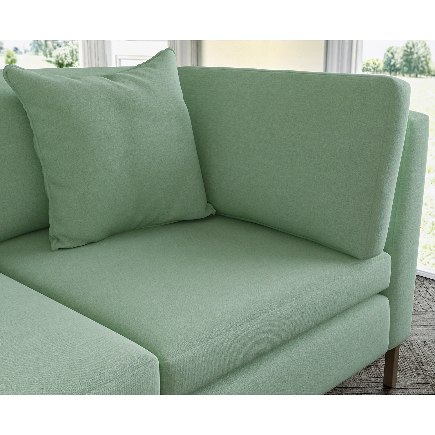 Sofa covered in plain fabric, colour Waterfall.