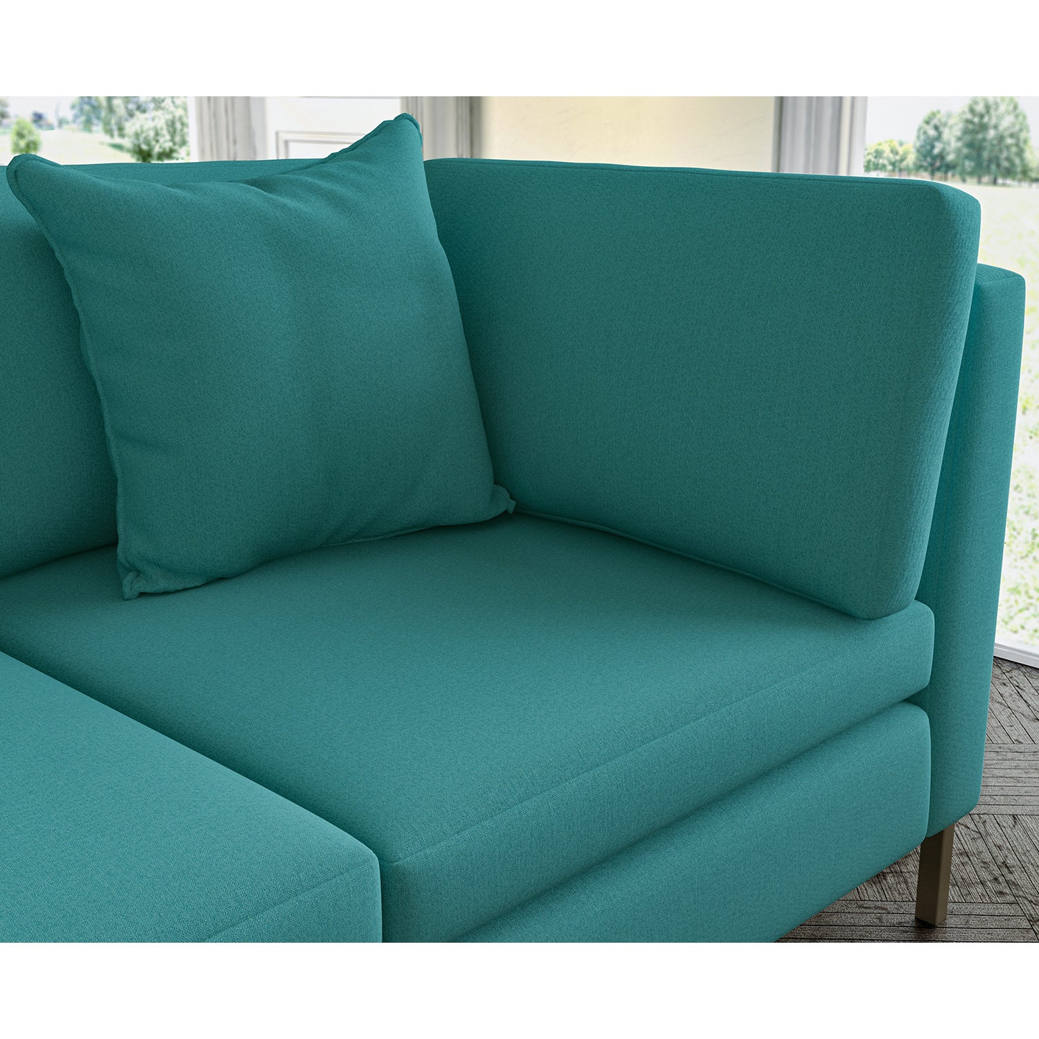 Sofa covered in plain fabric, colour Teal.
