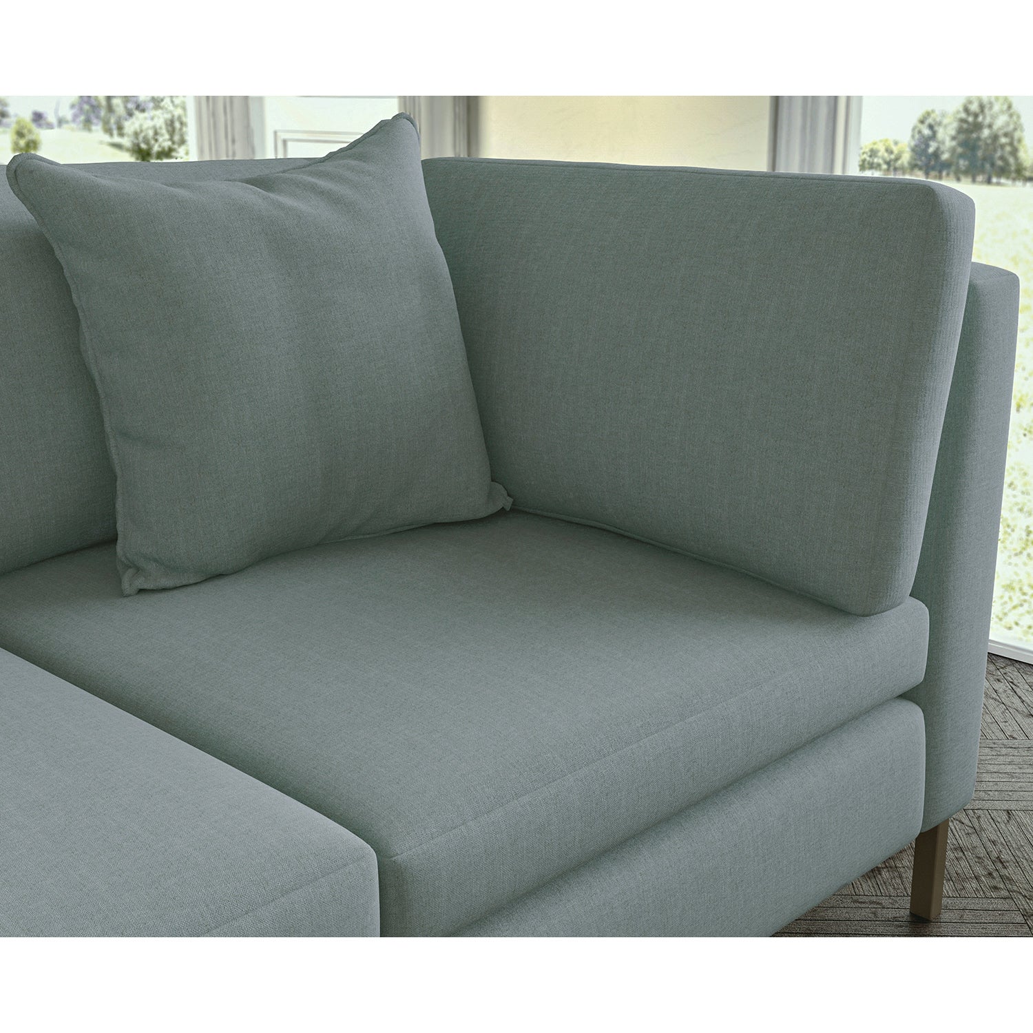 Sofa covered in plain fabric, colour Pebble.