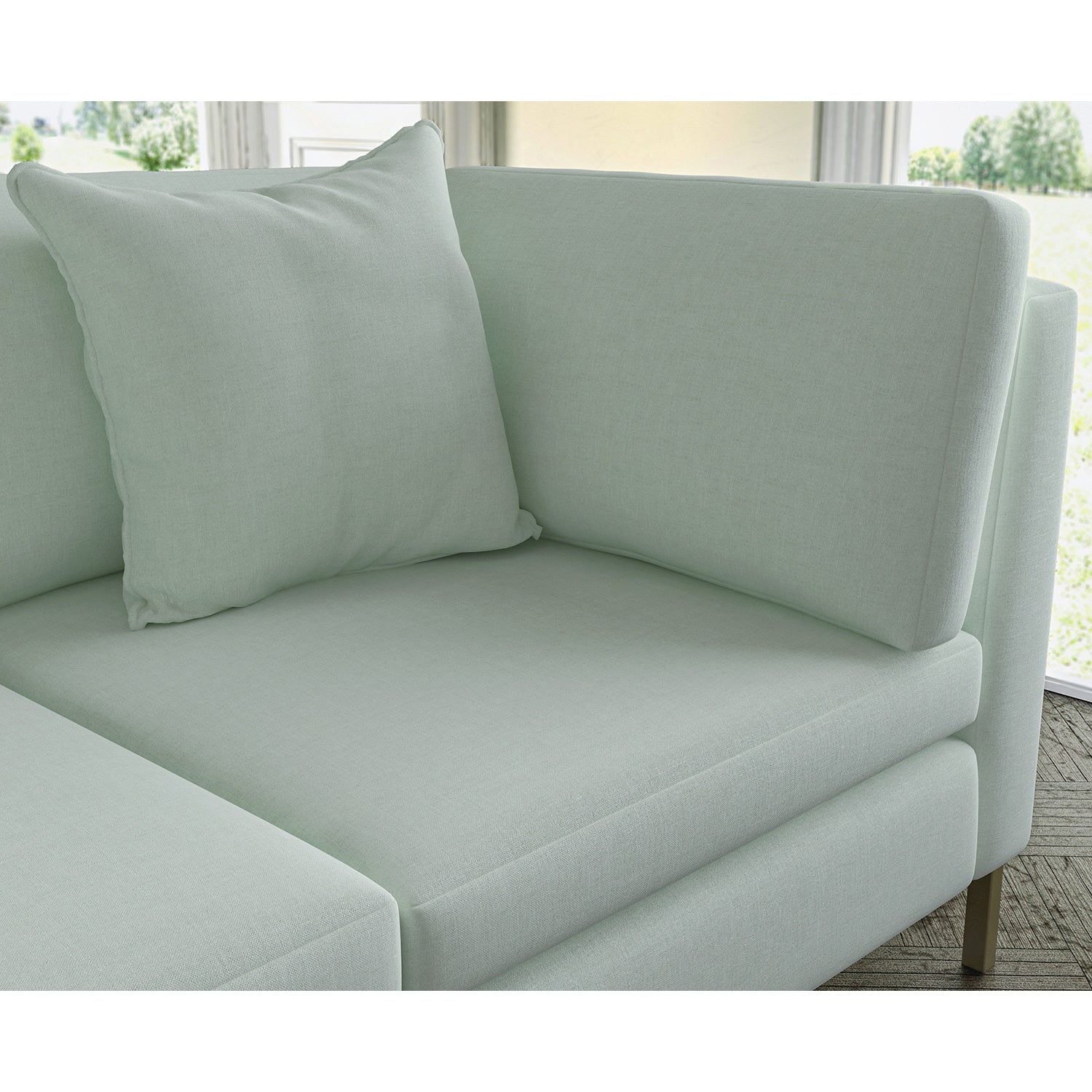 Sofa covered in plain fabric, colour Powder Blue.