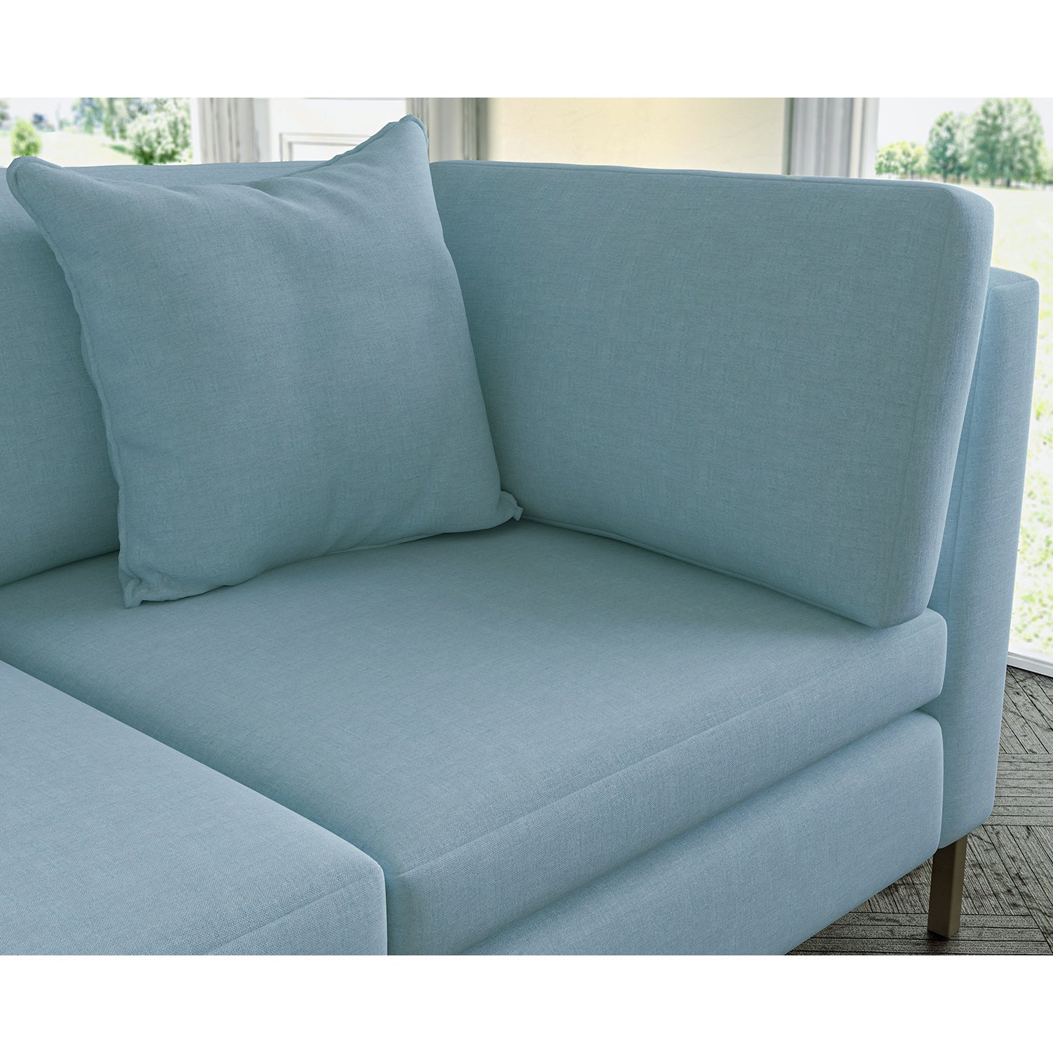 Sofa covered in plain fabric, colour Periwinkle.