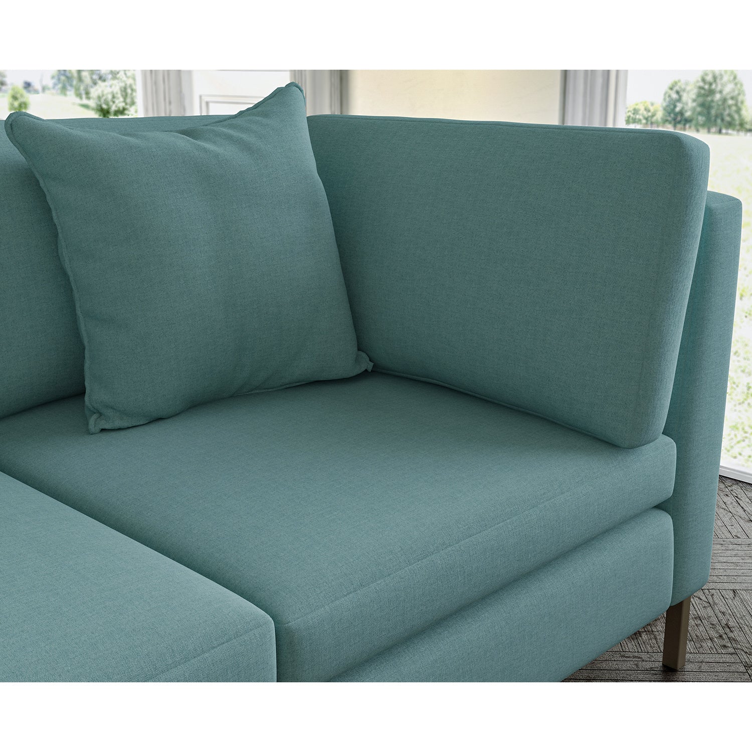 Sofa covered in plain fabric, colour Aegean.