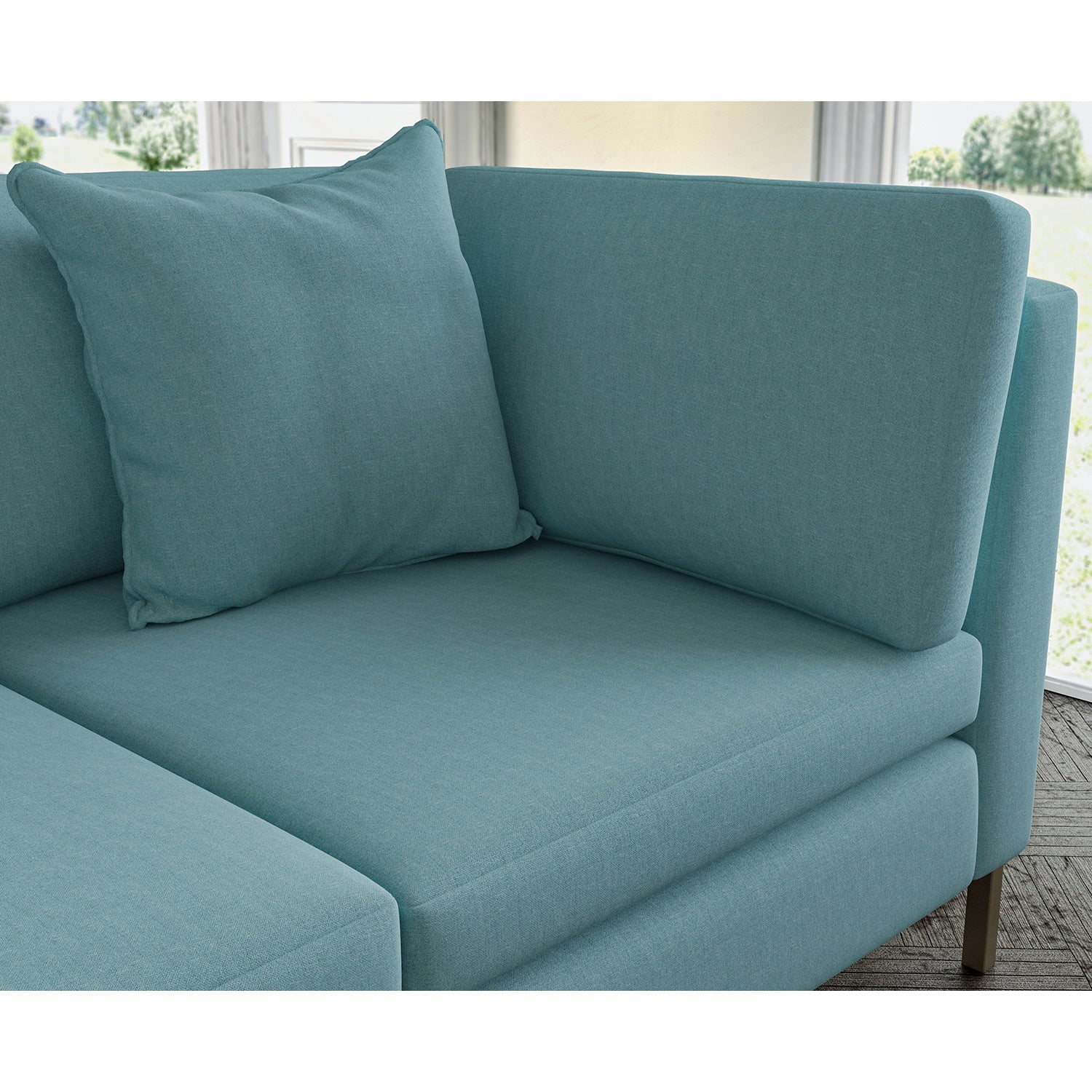 Sofa covered in plain fabric, colour Oxford Blue.