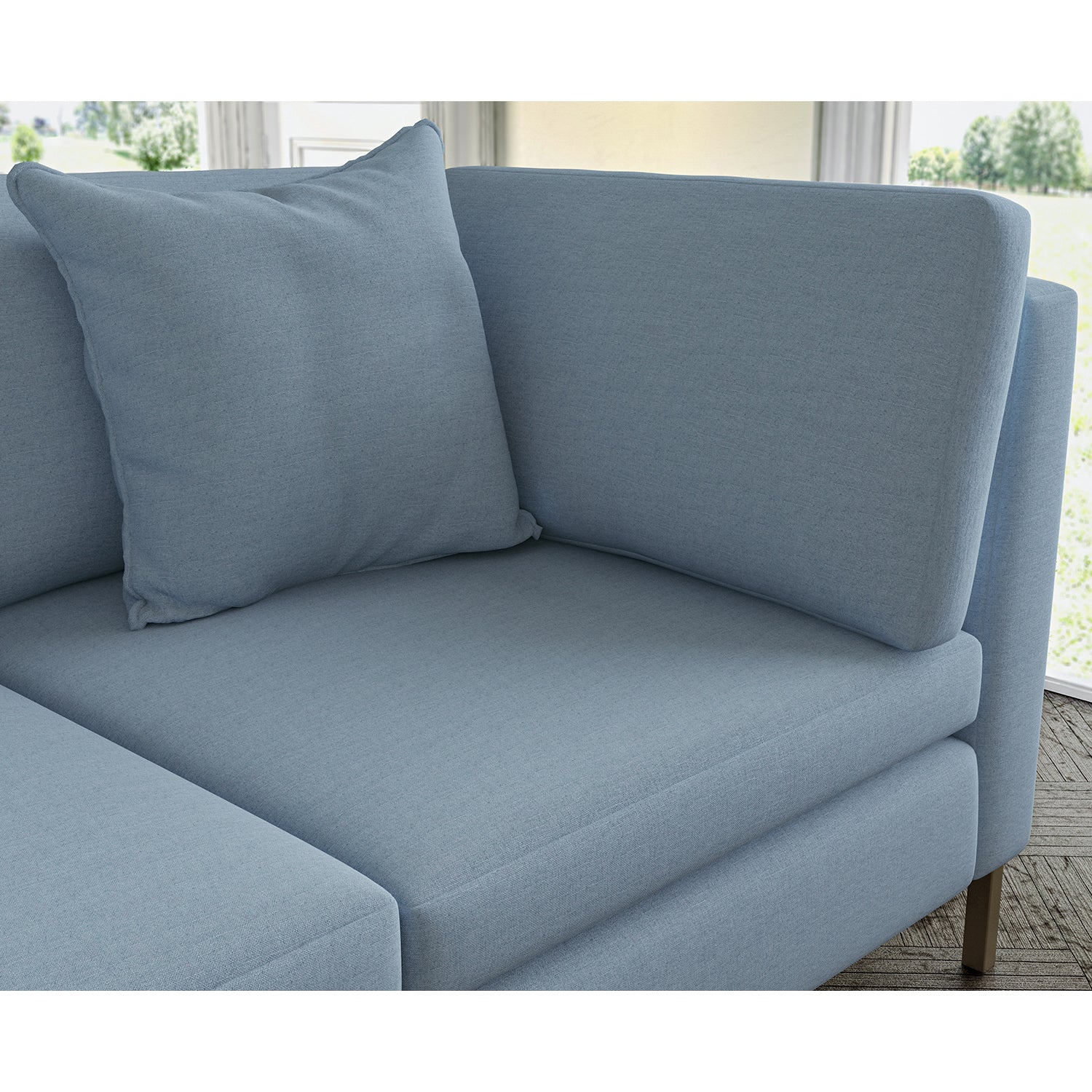 Sofa covered in plain fabric, colour Mineral.