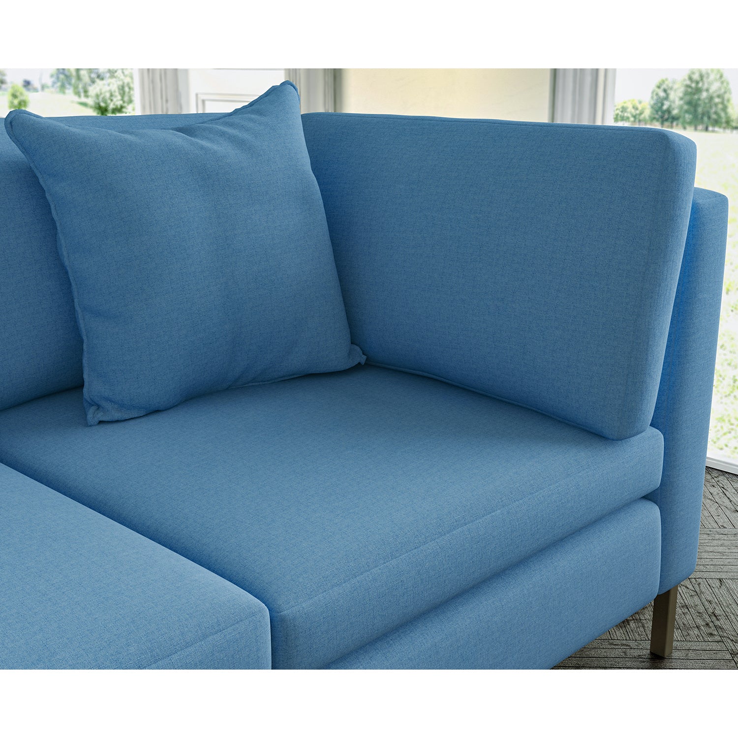 Sofa covered in plain fabric, colour Denim.