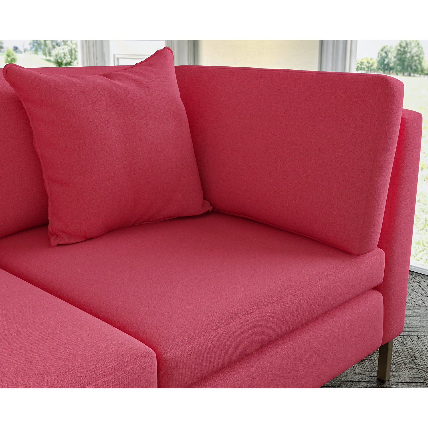 Sofa covered in plain fabric, colour Cranberry.