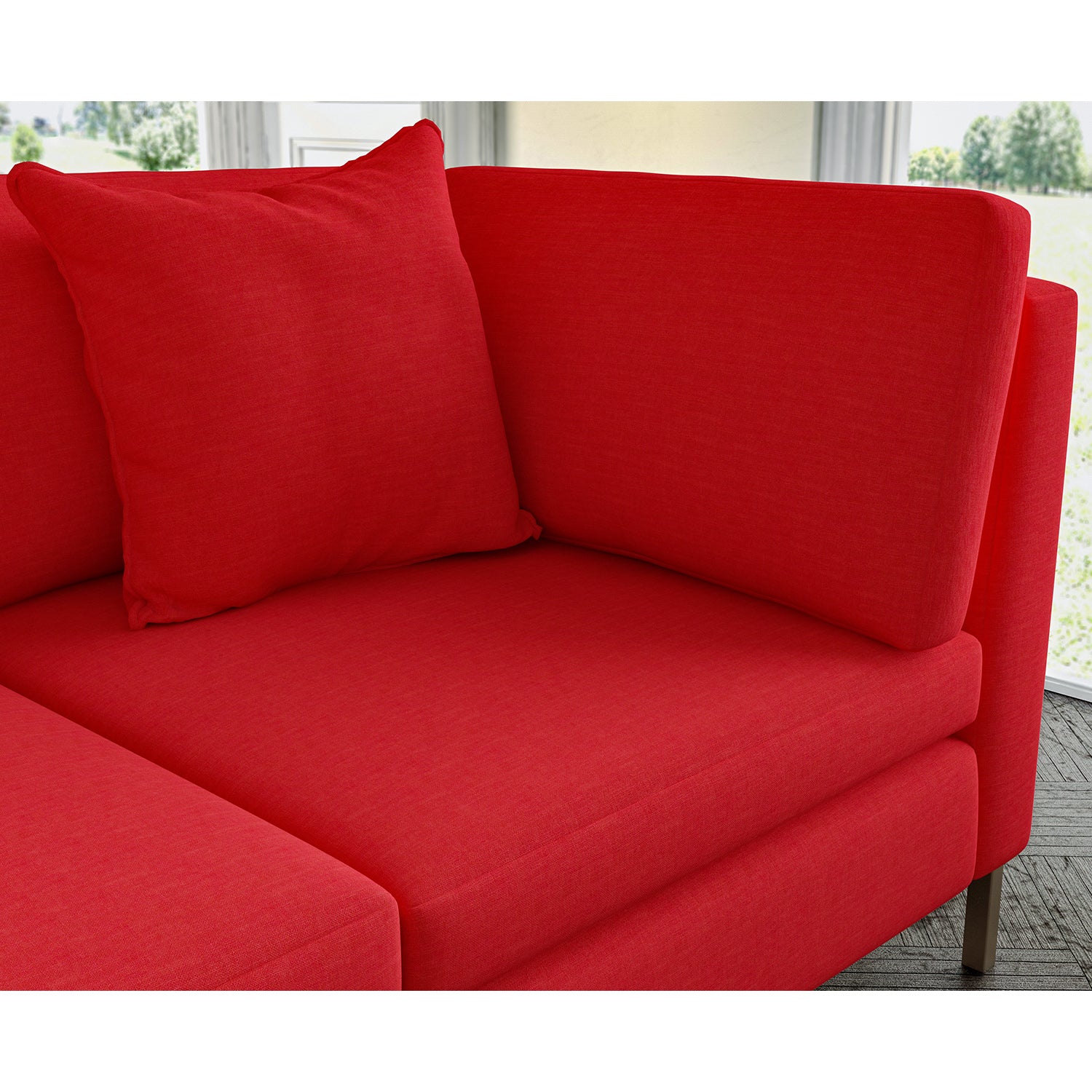 Sofa covered in plain fabric, colour Crimson.