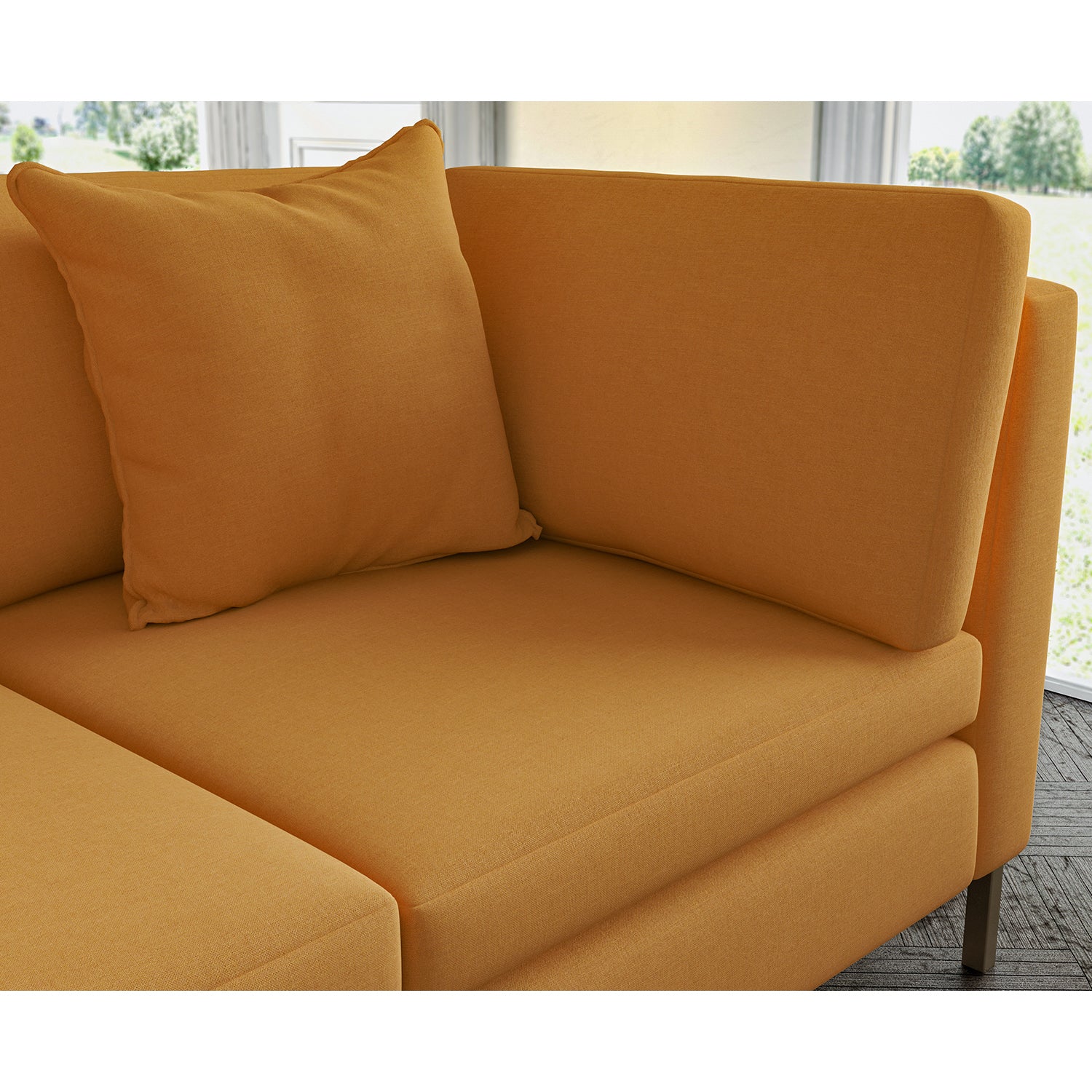 Sofa covered in plain fabric, colour Marmalade.