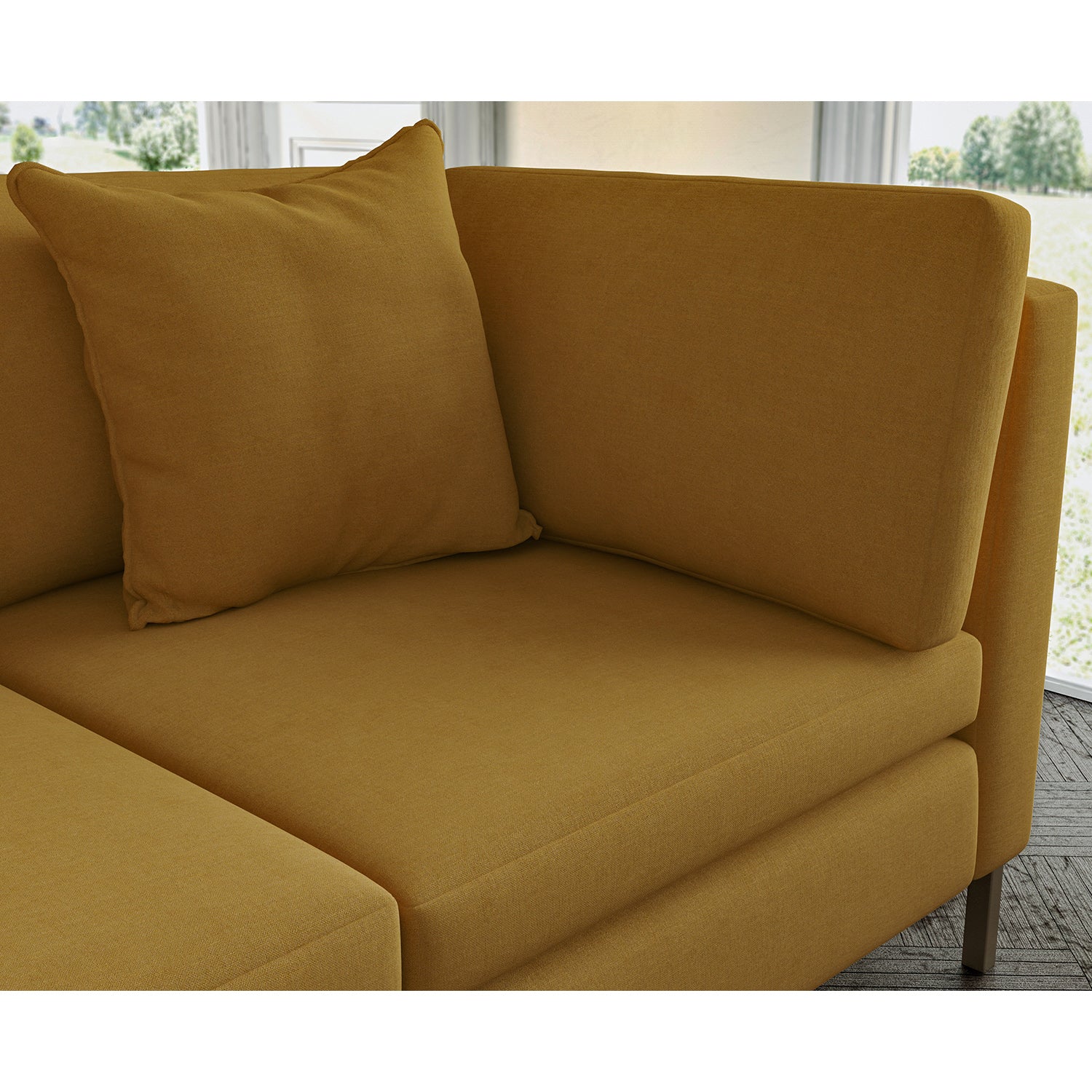 Sofa covered in plain fabric, colour Dijon.