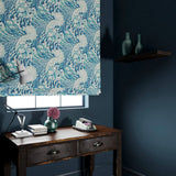 Velvet blind in a velvet fabric with stain resistant finish with a blue and white wave design