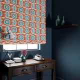 Velvet blind in a orange and blue velvet fabric with stain resistant finish and abstract print