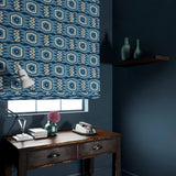 Velvet blinds featuring a fun, jazzy pattern in navy.