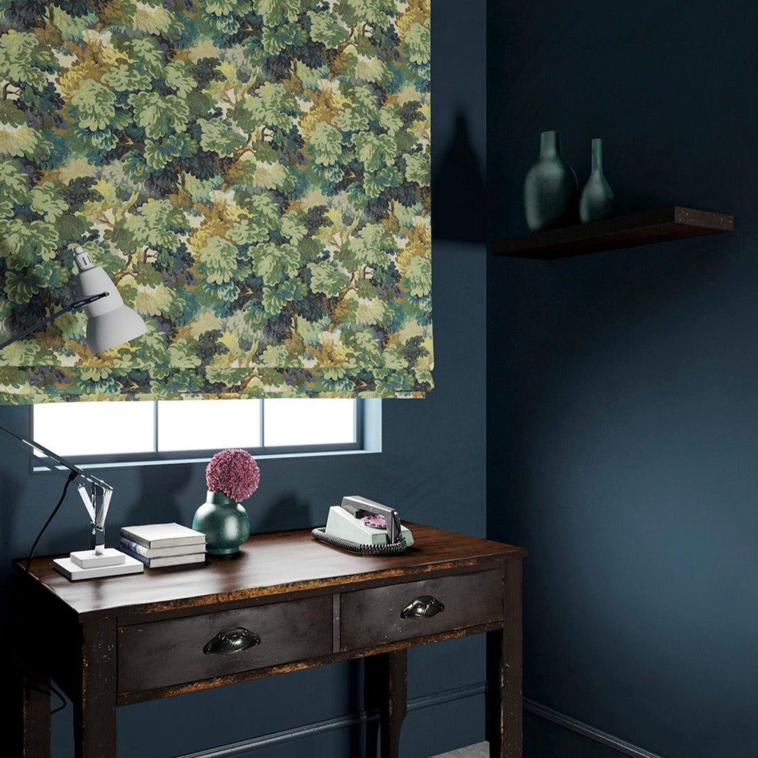 Blind made from a printed velvet fabric featuring a classic oak leaf design in green.
