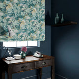 Blind made from a printed velvet fabric featuring a classic oak leaf design in teal.