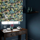 Blind in a printed velvet fabric featuring a Japanese-style toile in blue and yellow.