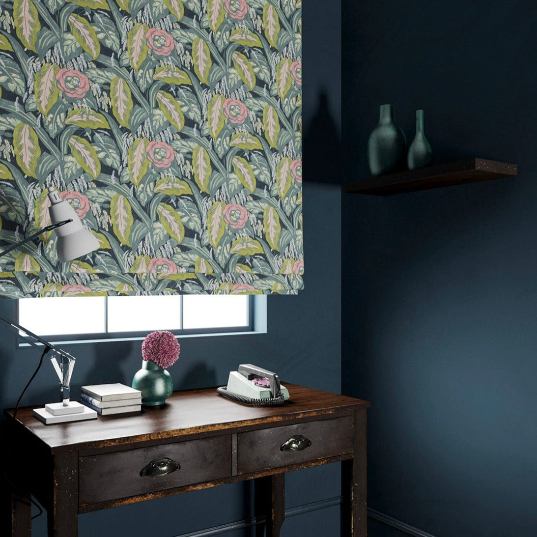 Blind in a floral-style printed velvet fabric.