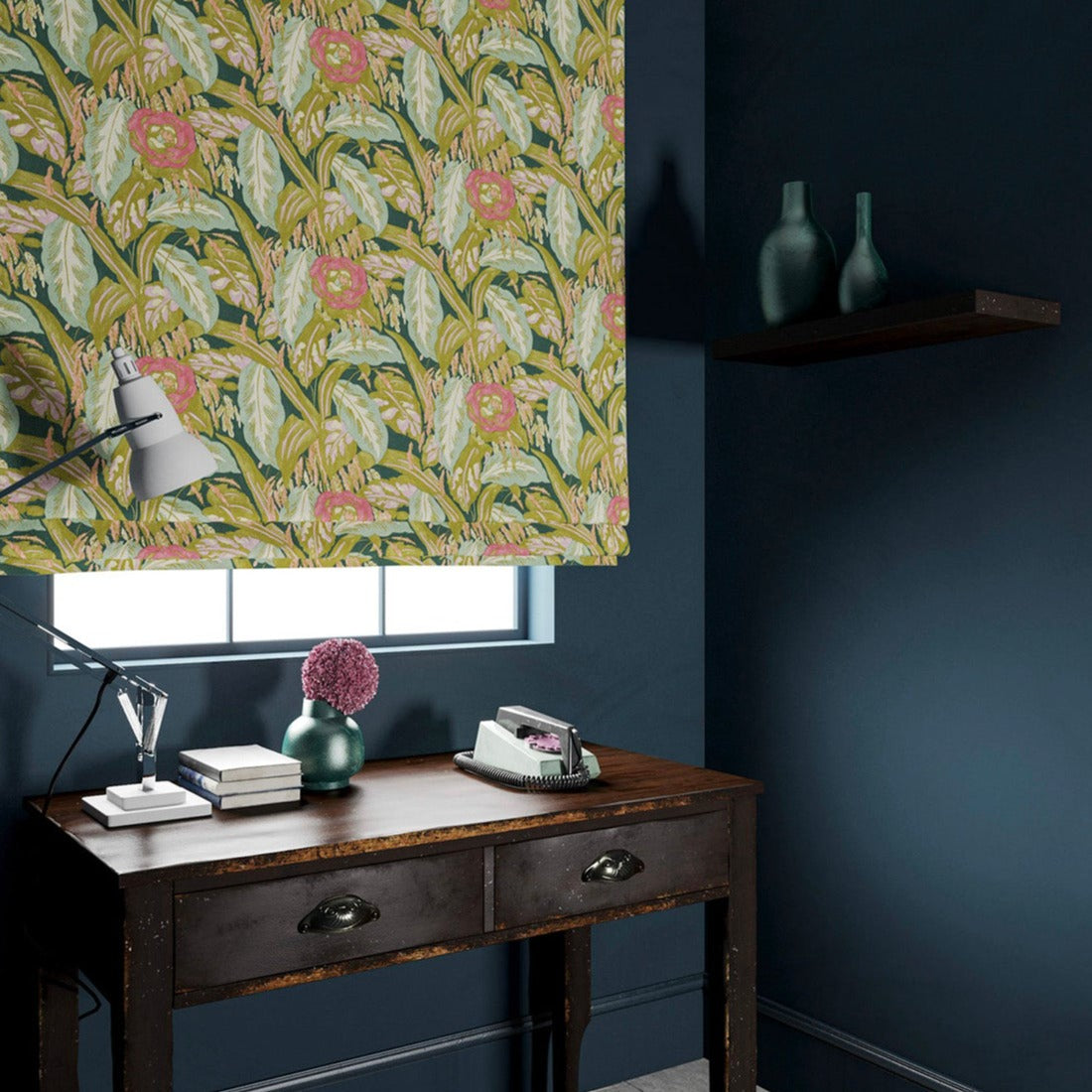 Blind in a floral-style printed velvet fabric in olive.