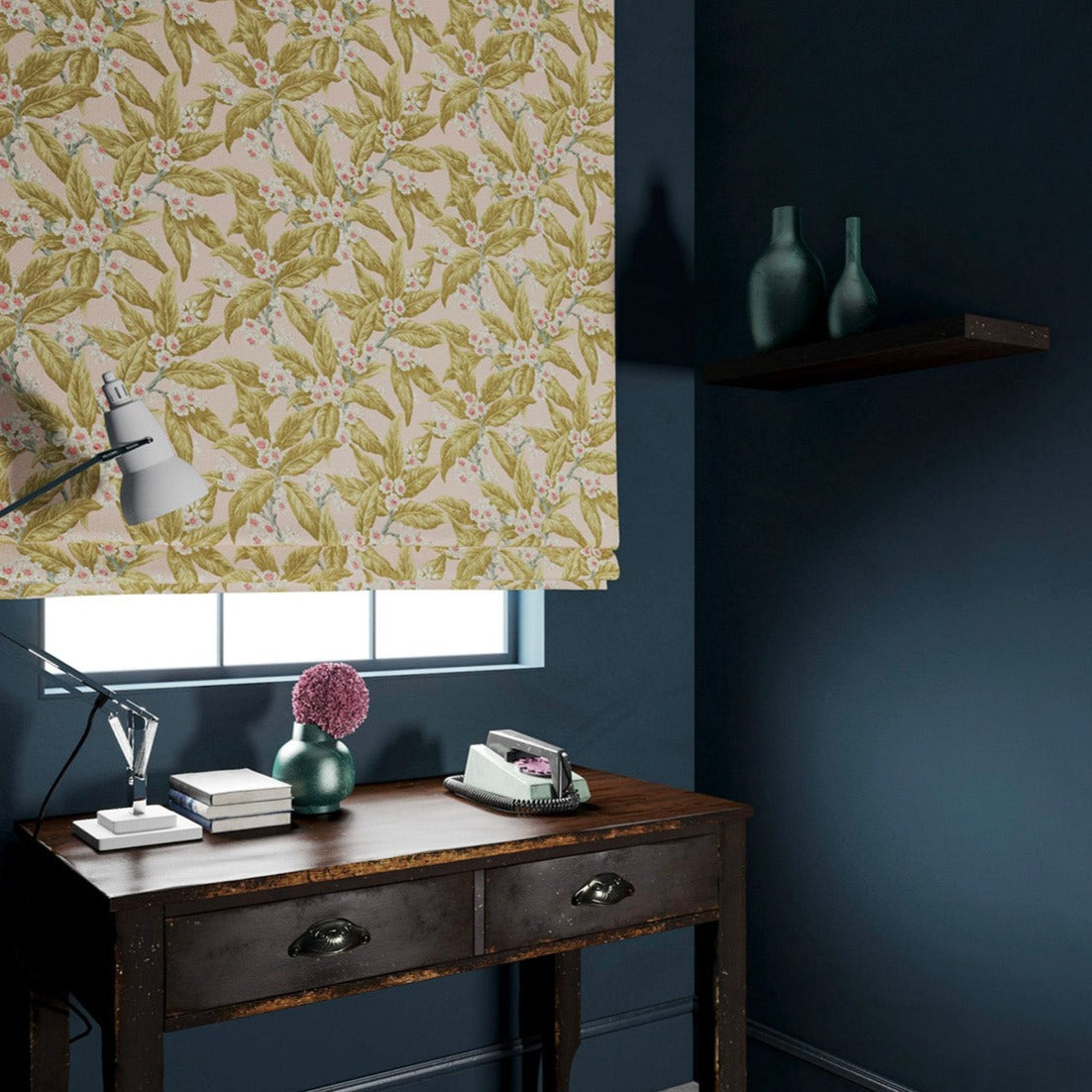 Velvet blind in a peach and ochre leaf and blossom design.