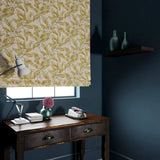 Velvet blind in a peach and ochre leaf and blossom design.