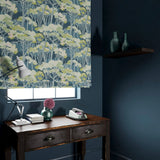 Printed velvet blind showcasing a blue/green Japanese tree design.