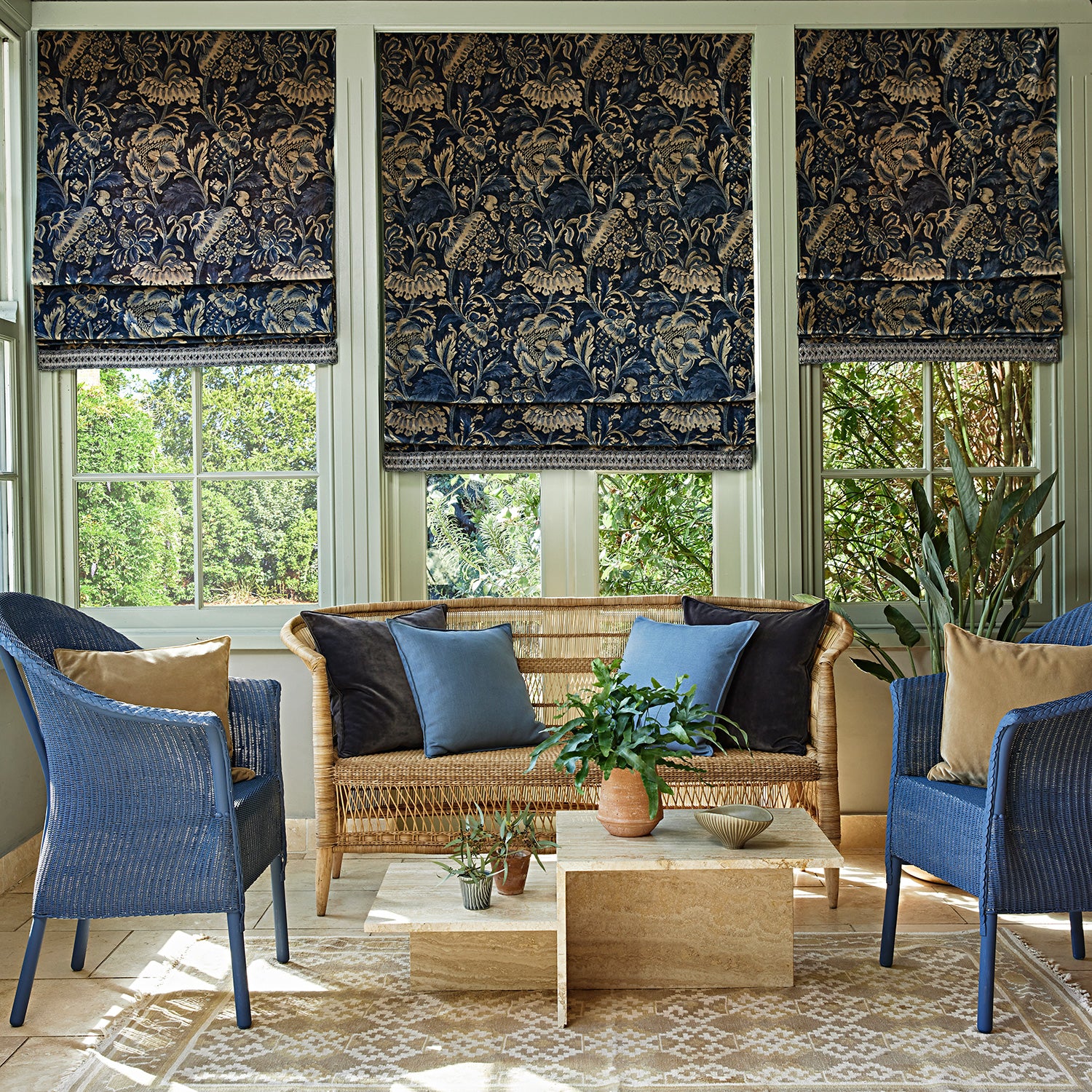 Velvet blinds showcasing an archival document, circa 1700s, this stylised floral is lavish, graceful, and timeless in blue