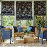 Velvet blinds showcasing an archival document, circa 1700s, this stylised floral is lavish, graceful, and timeless in blue