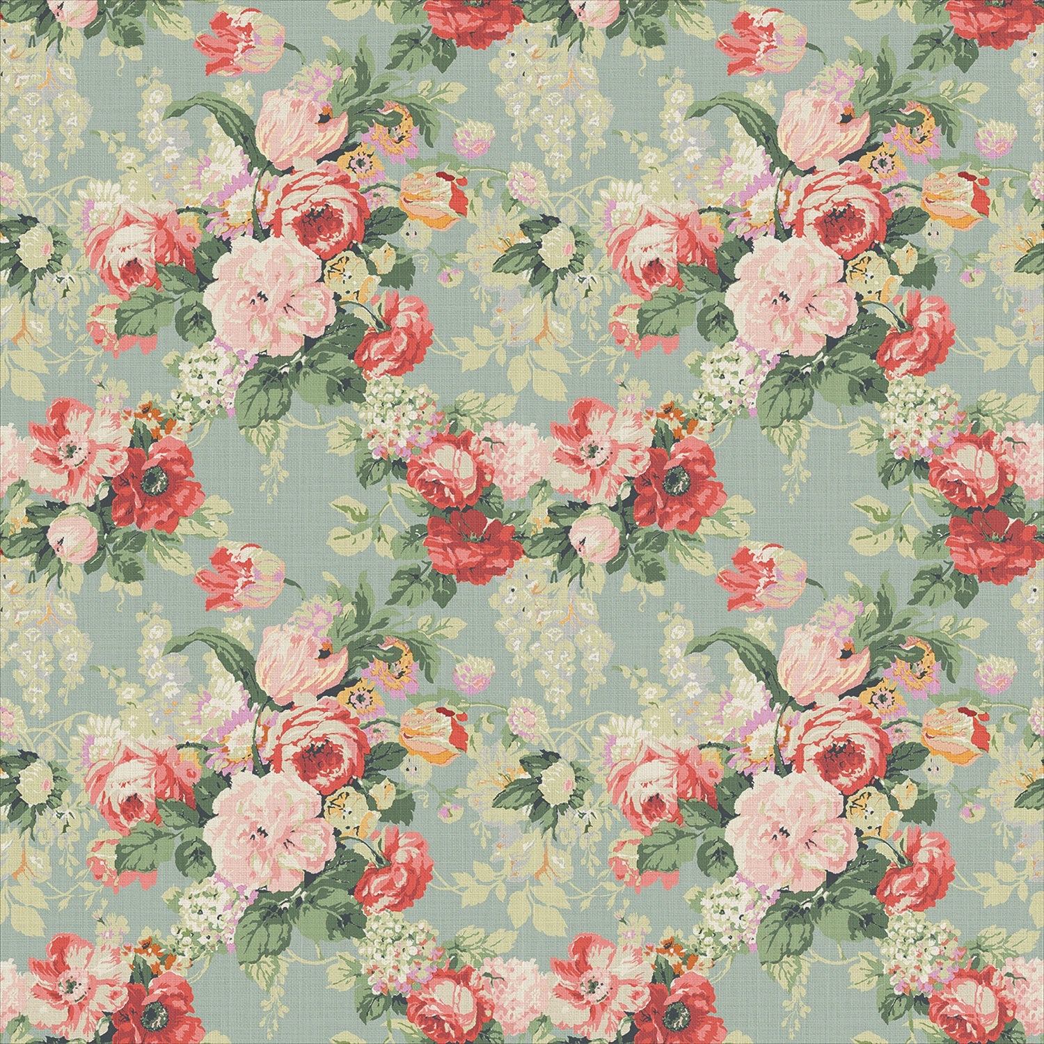 Printed linen fabric with bouquets of pink and red roses.