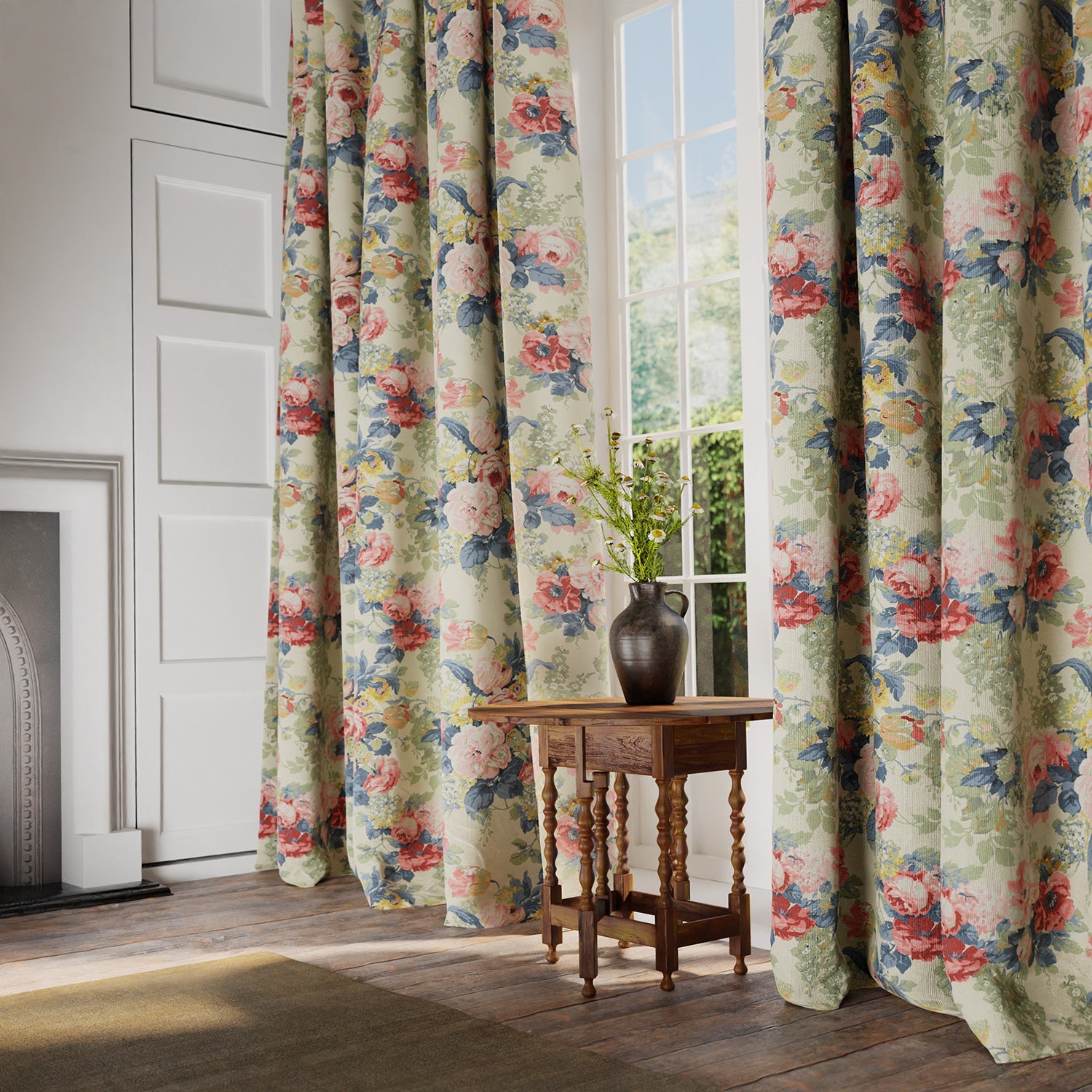 Curtains in a printed linen fabric showcasing bouquets of roses in gentle pinks and reds.