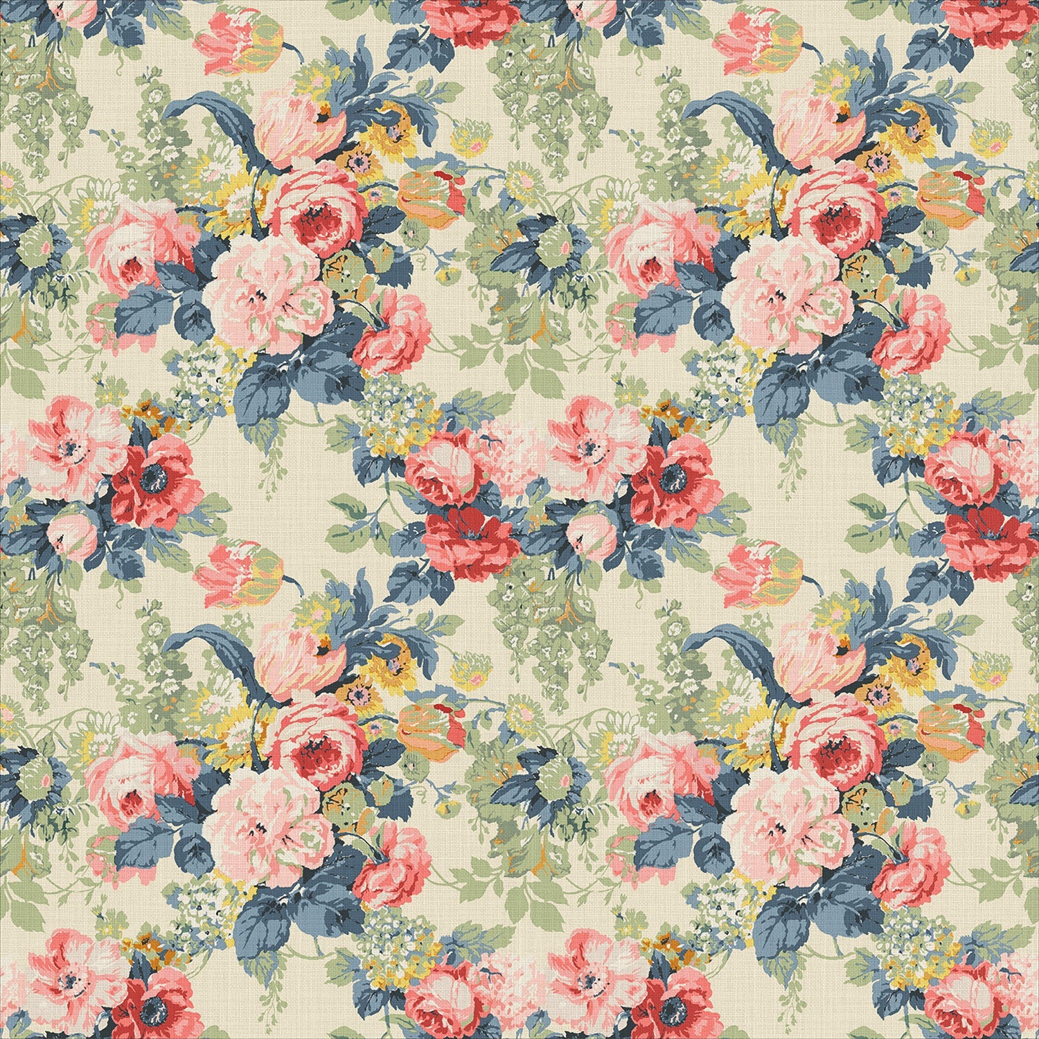Printed linen fabric with bouquets of roses in gentle pinks and reds.
