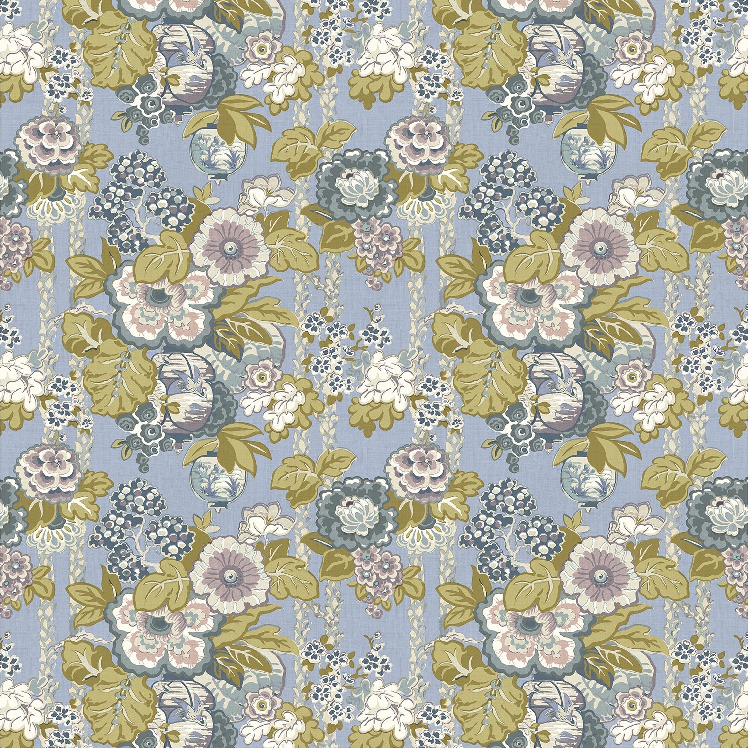 Fabric swatch of a lively, large scale floral fabric with lilac tones for curtains and upholstery