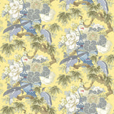 Fabric swatch of a floral and bird linen fabric for curtains and upholstery