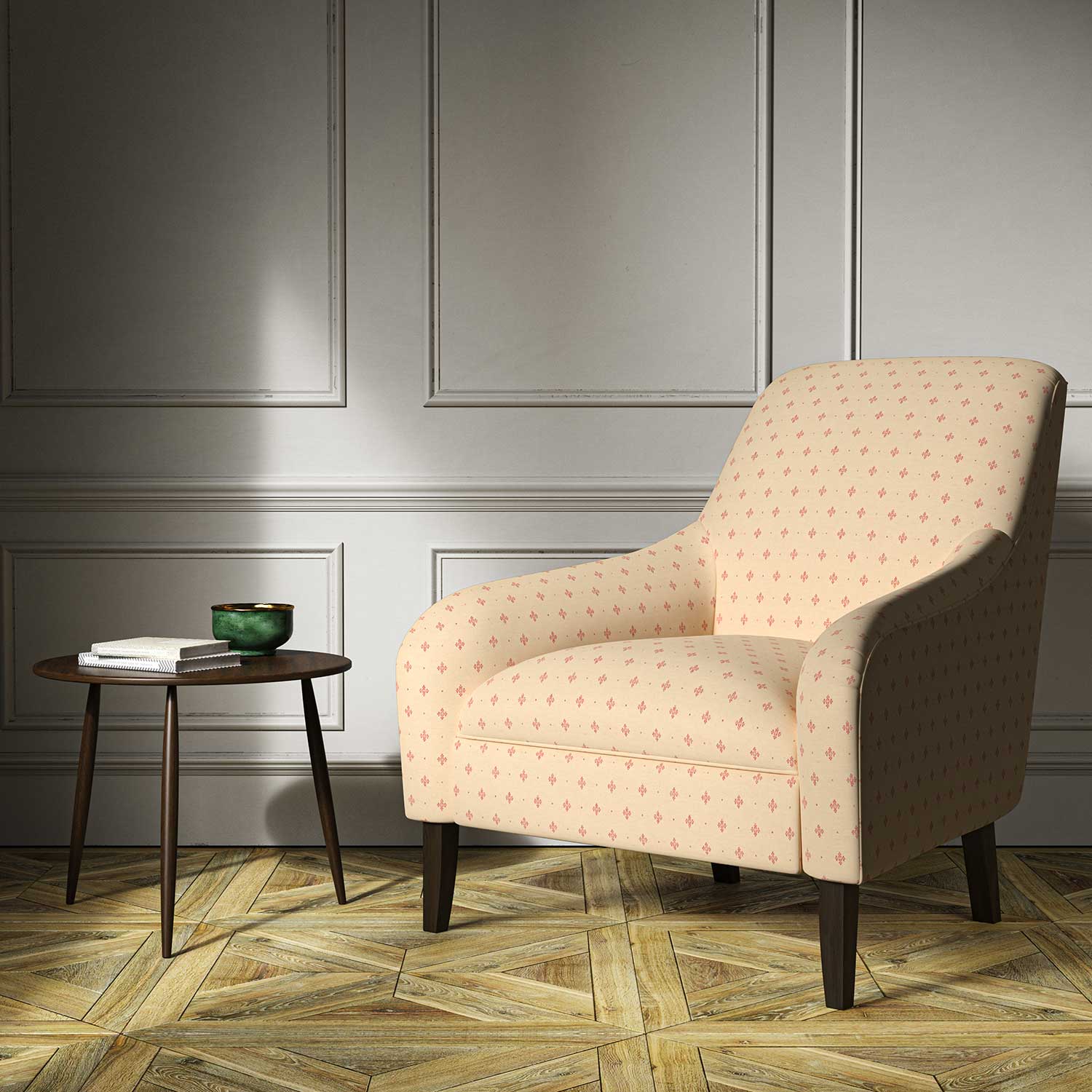 A cream woven fabric on an armchair.