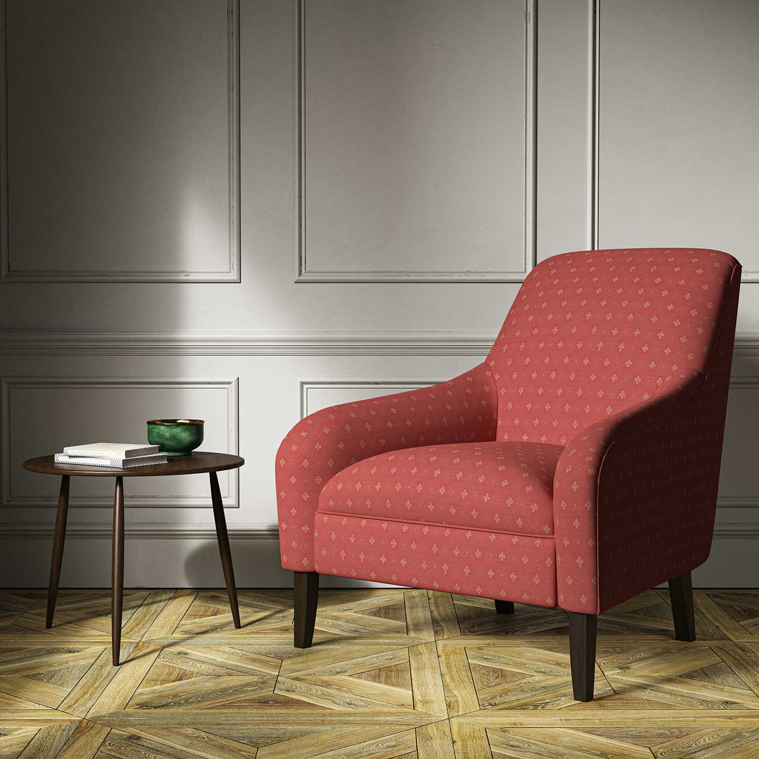 A red woven fabric on an armchair.