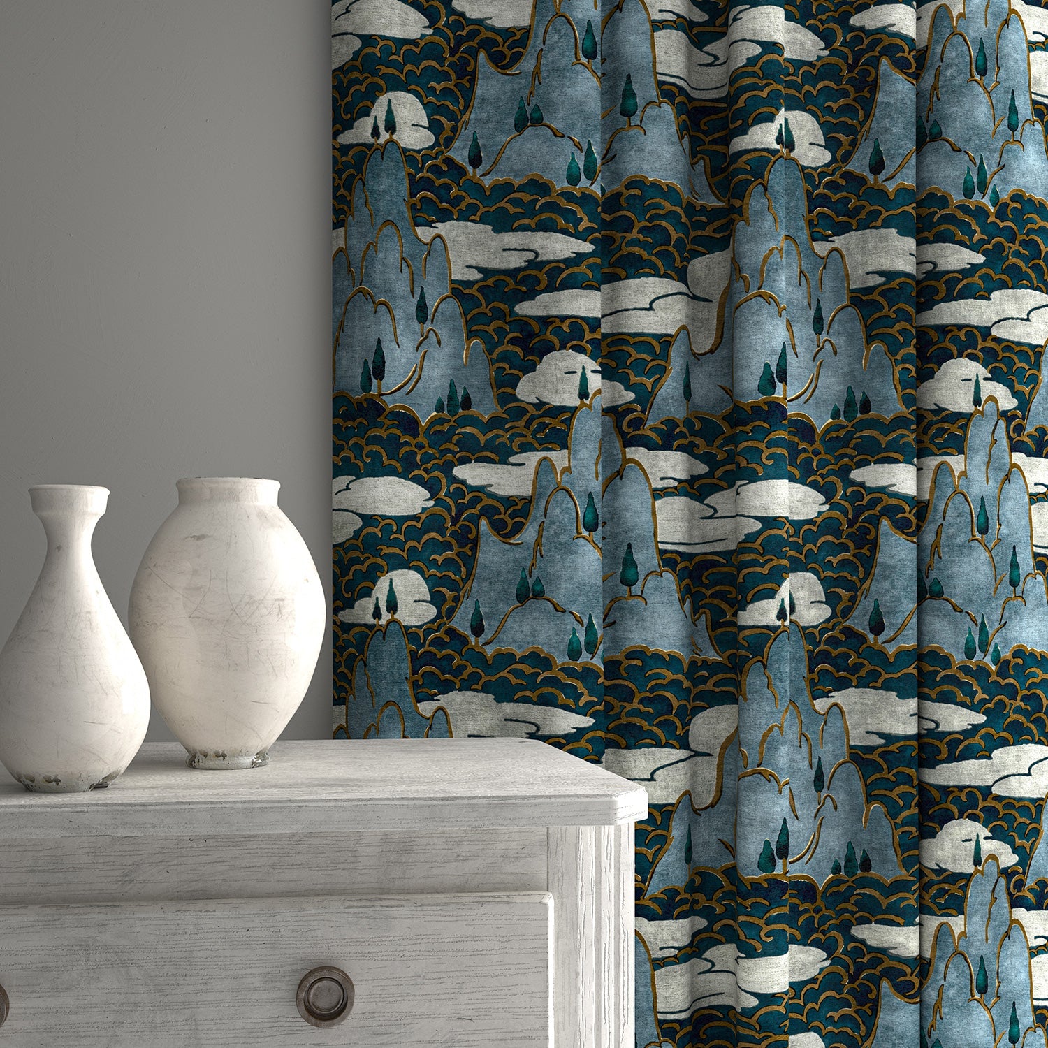 Velvet curtain upholstered in a printed velvet fabric with a scenic landscape design in blue colours.