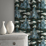 Velvet curtain upholstered in a printed velvet fabric with a scenic landscape design in blue colours.