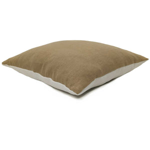 A white and brown two tone linen cushion.
