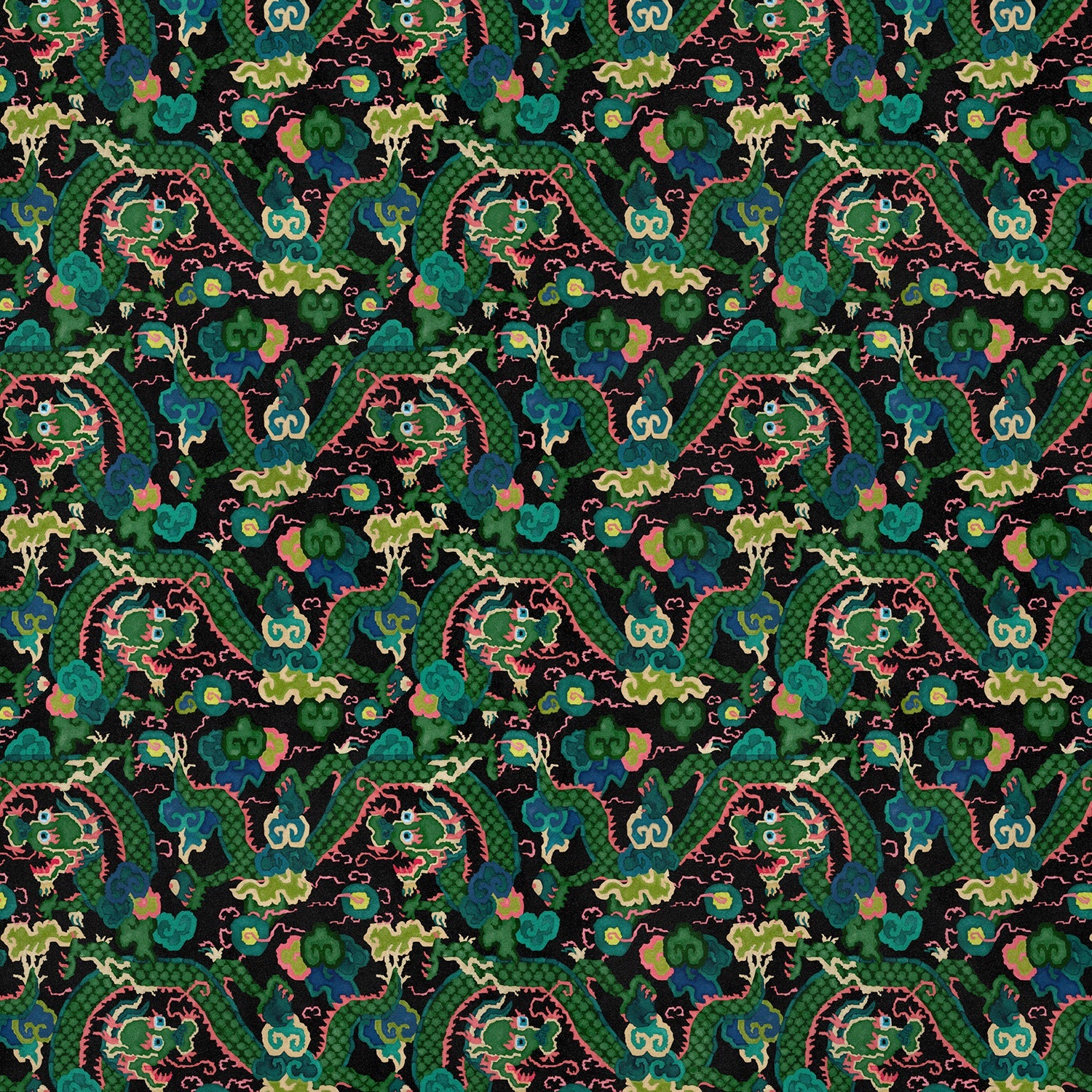 Printed velvet fabric with intricate mirror dragon design in green colours, for upholstery and curtain use.