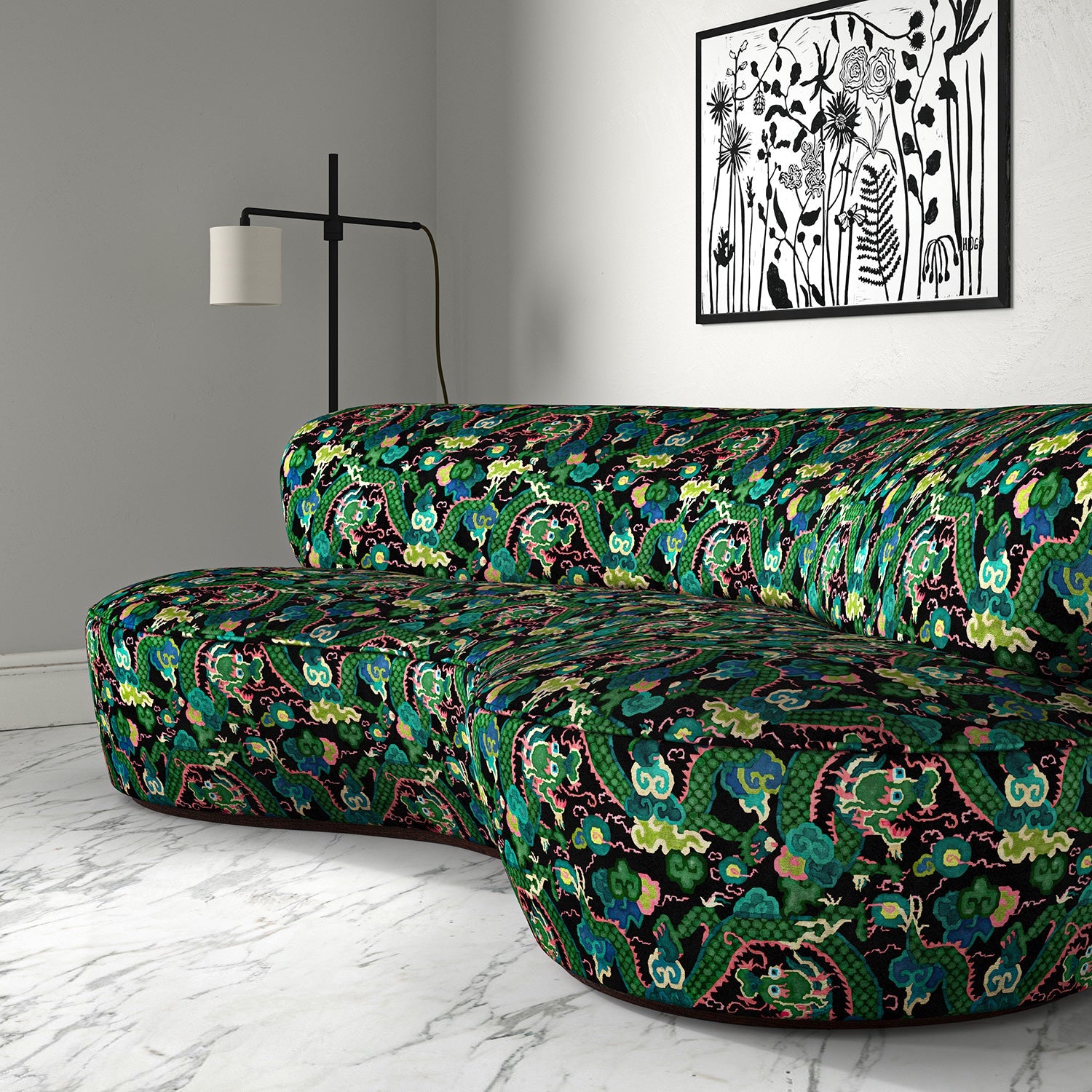 Velvet sofa upholstered in a printed velvet fabric with a intricate mirror dragon design in green colours.