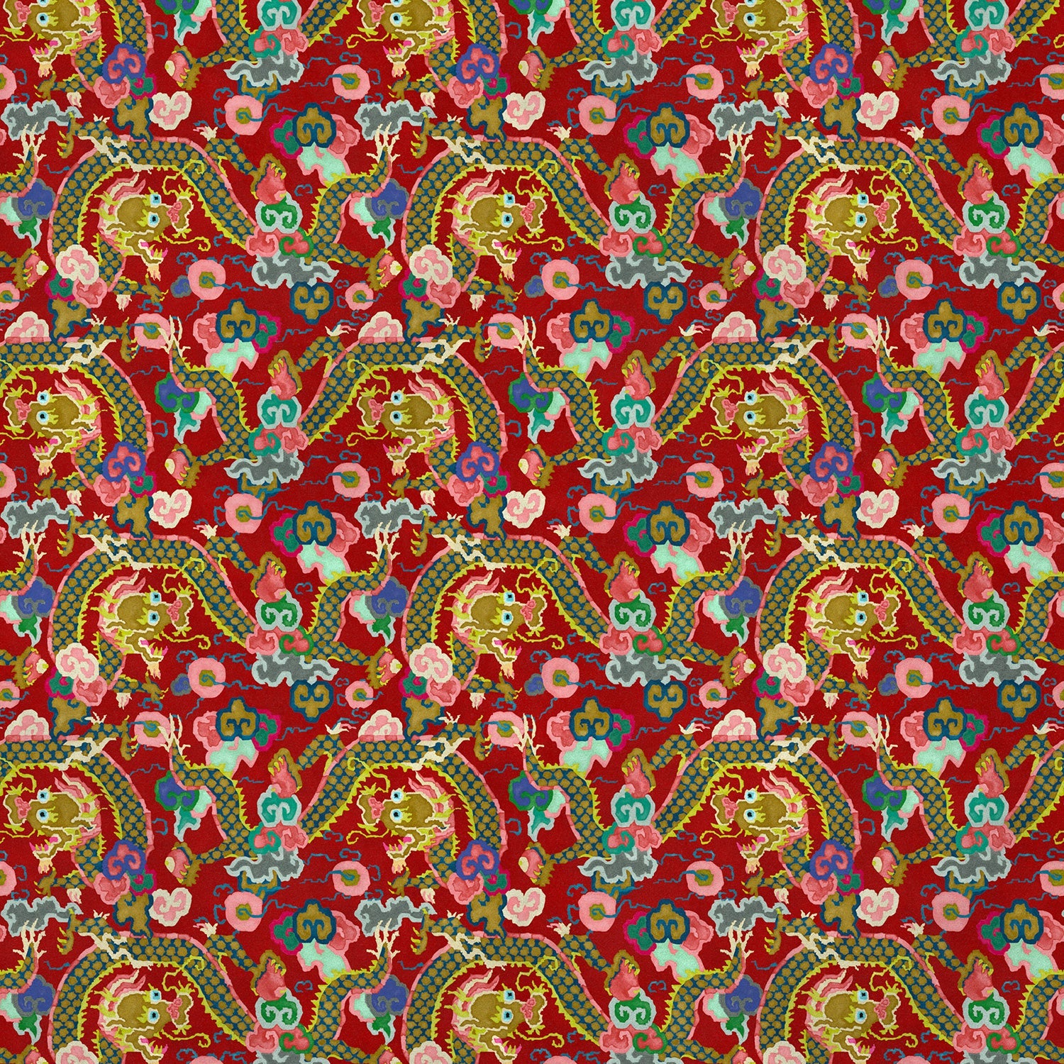 Printed velvet fabric with intricate mirror dragon design in red colours, for upholstery and curtain use.